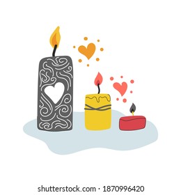 La mano dibujó tres velas con llamas ardientes, corazones. Ilustración plana.