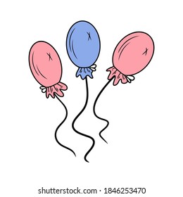 Hand drawn three colorful balloons isolated on a white background. Doodle, simple outline illustration. It can be used for decoration of textile, paper and other surfaces.