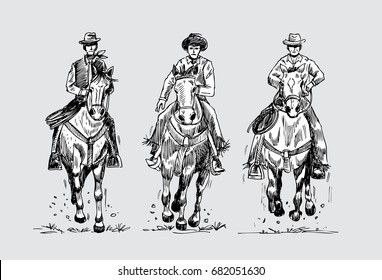 Hand drawn three cowboys riding horses, vector illustration