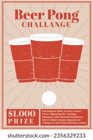 hand drawn three cups with ping pong ball.beer pong challange poster template.  beer pong vector illustration 