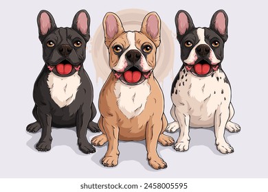 Hand drawn three cute dogs breed French Bulldogs sitting and panting, full length isolated on white