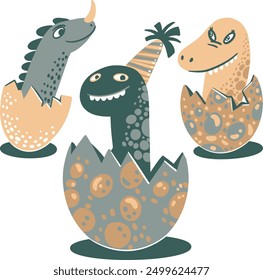 Hand Drawn three dinosaurs in dino eggs