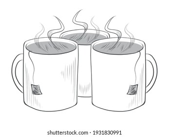 Hand drawn three hot mugs of tea illustration Vintage hand drawing style tea illustration Suitable for cafes teahouses drink bars restaurants interior decorations logo menu and commercial designs 