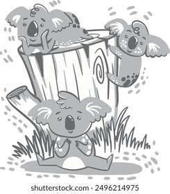 Hand Drawn three koalas sitting on a tree stump 