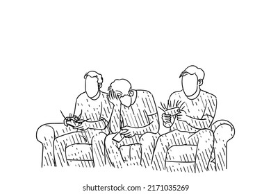 Hand drawn of three man playing mobile game together with joyful and happiness. Vector illustration design