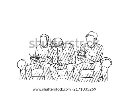 Hand drawn of three man playing mobile game together with joyful and happiness. Vector illustration design