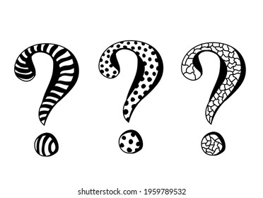 Hand drawn three question marks in doodle style. Sketch style icon. Isolated on white background