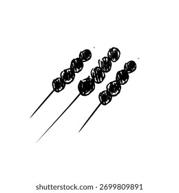 Mão desenhada de três espetos satay com vários pedaços redondos de carne em cada pau. Adequado para designs culinários, logotipos de alimentos ou elementos gráficos com um tema de comida de rua.