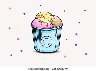 Hand drawn three scoop of ice cream in a cup vector Illustration. Blueberries, strawberries, vanilla pods, chocolate. ice cream cup three variants of strawberry, chocolate and orange flavors