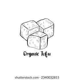 Hand drawn three square tofu cube. Organic tofu line art drawing vector illustration.