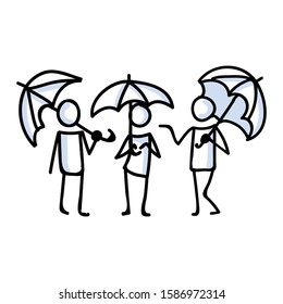 Hand Drawn Three Stick Figures with Umbrella in Rain. Concept of Storm Shelter Expression. Simple Icon Motif Raindrop Communication. Nature, Cloud, Thunder, Holding Bujo Illustration. Vector EPS 10. 