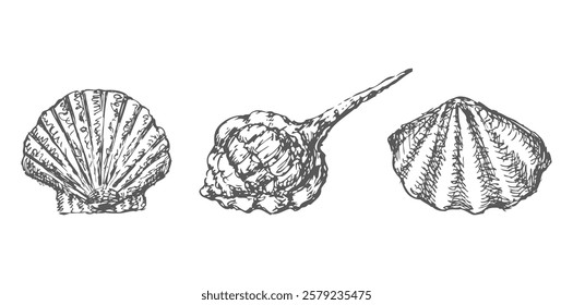 Hand drawn three various seashells, vector sketches isolated on white