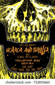 Hand drawn thriller Halloween celebration card or flyer with lettering and scary human skulls and skeleton parts. Halloween poster and banner decoration background. Vector.