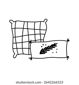 Hand drawn throw pillows, cartoon doodle vector illustration isolated on white background. Cute home decor outline drawing.