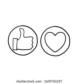 hand drawn Thumb up and heart icon. Vector like and love icon. Ready like and love button for website and mobile app.doodle style vector