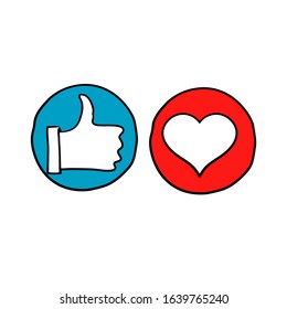hand drawn Thumb up and heart icon. Vector like and love icon. Ready like and love button for website and mobile app.doodle style vector