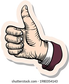 Hand drawn thumb up hand in retro sketch in sticker style vector illustration