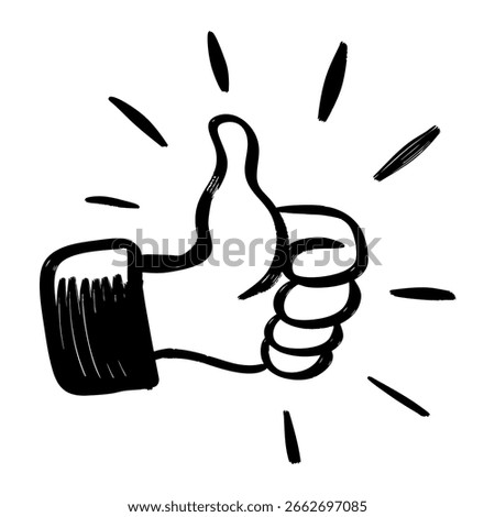 Hand Drawn Thumbs Up Doodle Icon with Rays Black and White Sketch Style.