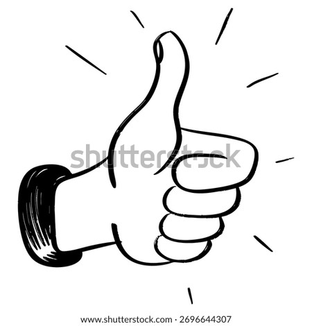 Hand Drawn Thumbs Up Doodle Icon with Rays Black and White Sketch Style.