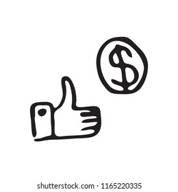 Hand Drawn thumbs up doodle. Sketch dollar icon. Decoration element. Isolated on white background. Flat design. Vector illustration.