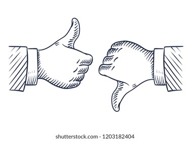 Hand drawn thumbs up and down. Like and unlike business isolated sketch vector symbols. Illustration of hand with thumb up finger, ok and negative