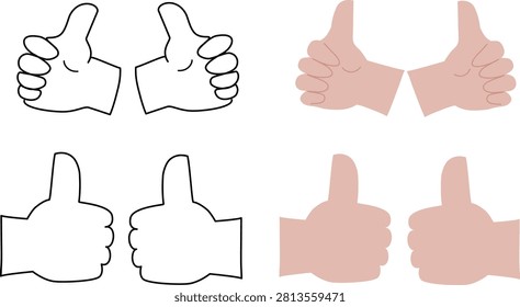 Hand Drawn Thumbs Up Gesture Vector Set - Left and Right Like Hand Icons in Outline and Flat Style Isolated on White Background
