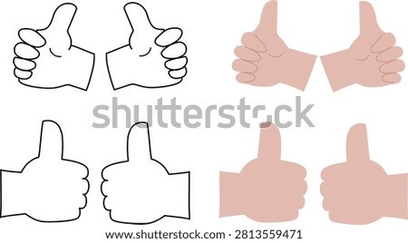 Hand Drawn Thumbs Up Gesture Vector Set - Left and Right Like Hand Icons in Outline and Flat Style Isolated on White Background
