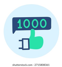 Icono de pulgares dibujados a mano con una burbuja de discurso que muestra 1000 me gusta en colores azul y verde que representan el compromiso y los logros de las redes sociales