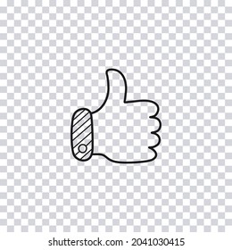 Los pulgares dibujados a mano hacia arriba aislados en un fondo transparente. Ilustración vectorial.
