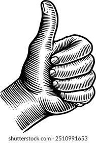 Hand drawn Thumbs Up Hand Sign. Like Symbol. Approval Hand Sign. Hand Gesture Sketch Illustration Engraving Woodcut Vintage Style Vector Line Art