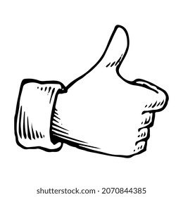 Hand drawn thumbs up. Like symbol doodle icon. Hand gesture showing thumb up isolated on white background. Vector illustration. Sign for web, poster, info graphic