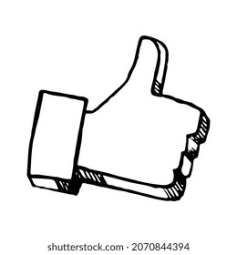 Pulgares hacia arriba dibujados a mano. Como símbolo de doodle. Gesto de mano que muestra el pulgar aislado en un fondo blanco. Ilustración vectorial. Firma para web, afiche, infografía
