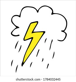 hand drawn thundercloud icon. storm cloud doodle with lightning