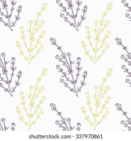 Hand drawn thyme branch stylized black and green seamless pattern. Doodle drawing spicy herbs. Kitchen background. Hand drawn seasoning. Vector illustration