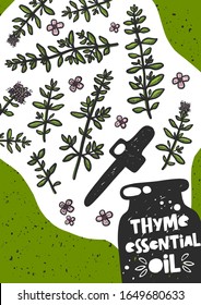 Hand Drawn Thyme Essential Oil Sketch Style. Aromatherapy, Folk And Alternative Medicine. Grunge Stylized Ink Herbal Poster. Bottle With Oil Banner Engraved Drawing Of Blossom Plant. 