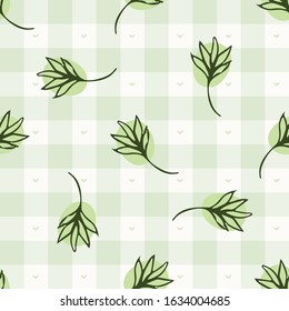 Hand drawn thyme herb twig gingham seamless pattern. Vector vintage check retro vegetable background. Green farmer market tablecloth. Drawn sketchy allover print. Home grown herbal leaf garden
