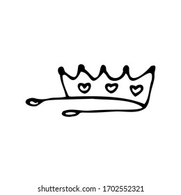 Hand drawn tiara with hearts isolated on a white background. Doodle, simple outline illustration. It can be used for decoration of textile, paper.