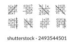 Hand drawn tic tac toe game, doodle X-O children game. Noughts and win. Play tictactoe draw. Vector illustration