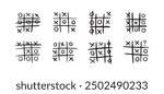 Hand drawn tic tac toe game, doodle X-O children game. Noughts and win. Play tictactoe draw. Vector illustration