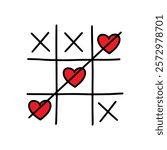 Hand drawn tic tac toe with hearts. Cute vector illustration. Happy valentine
