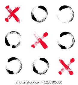 Hand drawn tic tac toe game. Illustration of game. Red crosses, black toe. Hand drawn brush.XOXO. Illustration created by grunge brushes