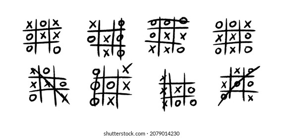 Hand drawn tic tac toe game. X-O children game. Play a tictactoe draw. Noughts and win. Vector illustration in doodle style on white background.