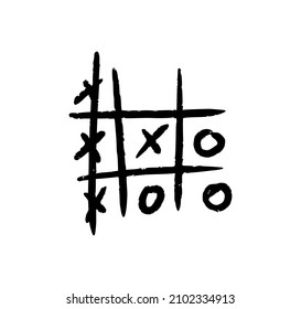 Hand drawn tic tac toe game. X-O children game. Win in tictactoe. Vector illustration in doodle style on white background.