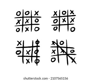 Hand drawn tic tac toe game. X-O children game. Play a tictactoe draw. Noughts and win. Vector illustration in doodle style on white background.