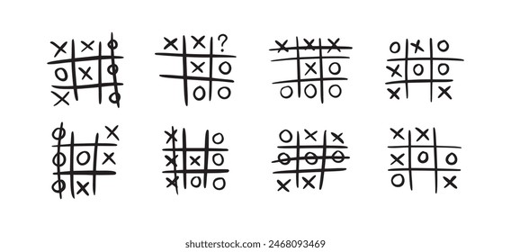 Hand gezeichnete Tic Tac Toe Spiel, Doodle X-O Kinder Spiel. Noughts und gewinnen. Spielen Sie taktorei zeichnen. Vektorillustration