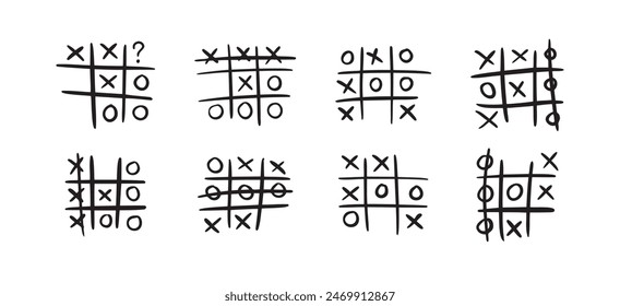 Hand drawn tic tac toe game, doodle X-O children game. Noughts and win. Play tictactoe draw. Vector illustration