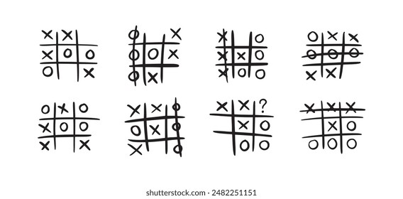 Hand drawn tic tac toe game, doodle X-O children game. Noughts and win. Play tictactoe draw. Vector illustration