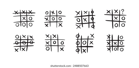 Hand drawn tic tac toe game, doodle X-O children game. Noughts and win. Play tictactoe draw. Vector illustration