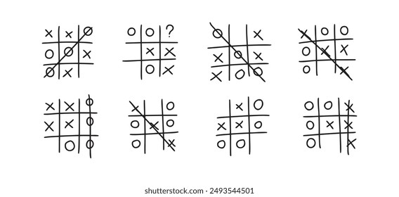 Hand drawn tic tac toe game, doodle X-O children game. Noughts and win. Play tictactoe draw. Vector illustration