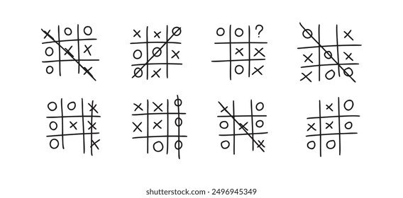 Hand drawn tic tac toe game, doodle X-O children game. Noughts and win. Play tictactoe draw. Vector illustration